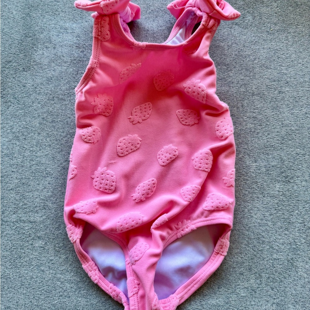 Pink Textured Strawberry Print Girls’ Swim One Piece | NWOT | 2T | Bow straps